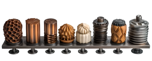 a group of objects on a stand. 