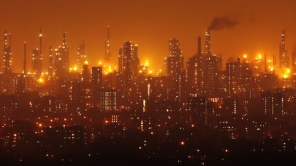 A city skyline illuminated by industrial lights at dusk, showcasing urban development and energy.