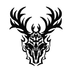 A striking black and white illustration of a symmetrical deer skull with antlers, blending nature and abstract art in a captivating design. Perfect for tattoo enthusiasts.