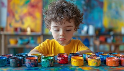 Young Child with Autism Enjoying Art Therapy Session Surrounded by Colorful Paints and Canvases in Bright Classroom