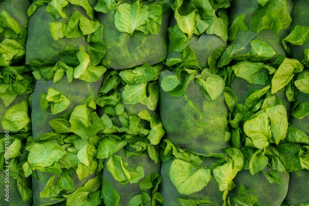Poster aerial view of symmetrical green lettuce bags creating a geometric pattern