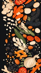 Colorful plant-based ingredients flow together, highlighting the diversity of vegan cuisine