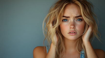 Blond Woman with Her Head in Her Hands Looking Worried
