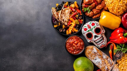 Colorful sugar skulls arranged next to traditional Mexican foods on a Day of the Dead altar, representing the fusion of food and tradition