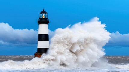 Lighthouse Standing Strong Against Powerful Ocean Waves During a Storm