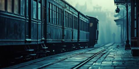 An old train on the railway platform, generative AI