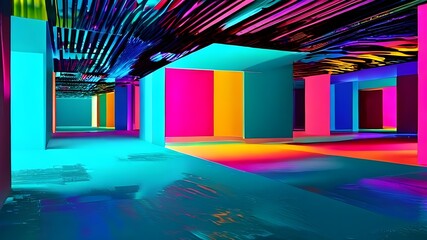 Vibrant and Colorful Room with Bold Neon Lighting and Abstract Patterns in a Futuristic Art Installation