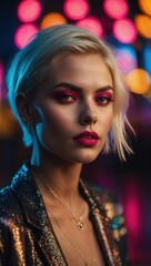 Fototapeta premium Modern portrait of a woman with short blonde hair and glittery outfit in urban night