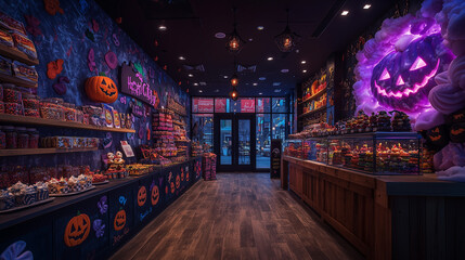 Halloween candy-themed room, walls adorned with ghosts and witches, tables filled with delicious themed desserts