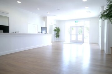 Fototapeta premium Minimalist Clinic Lobby with Soft Lighting and Wooden Flooring
