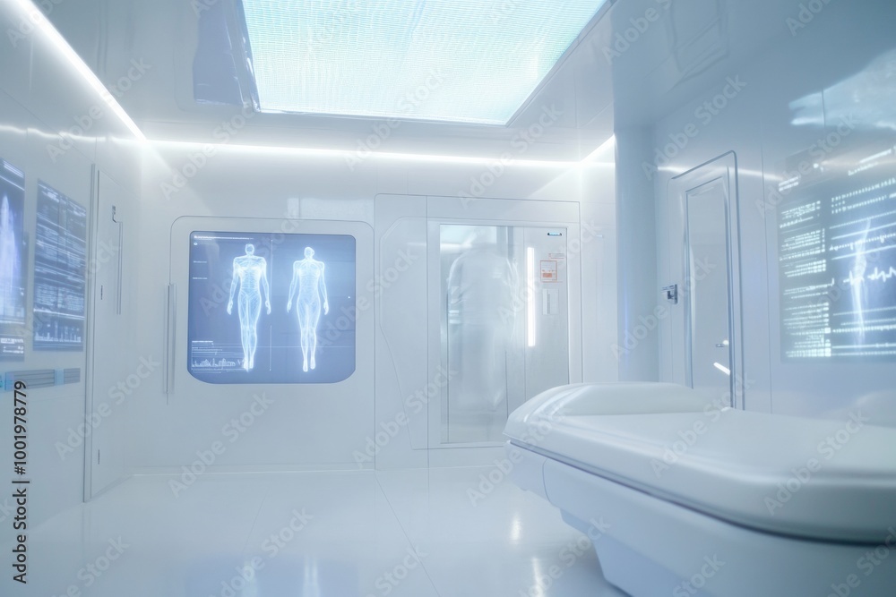 Poster Futuristic Longevity Clinic with Diagnostic Pod and Holographic Displays in High-Tech Environment