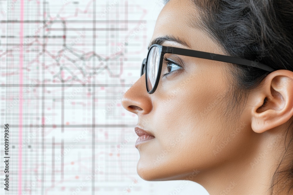 Poster focused indian female data scientist analyzing big data on screens in modern office