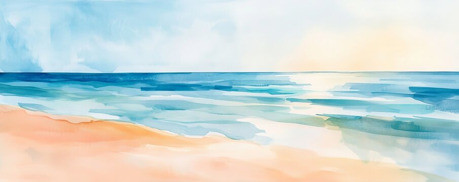 watercolor painting of serene beach with gentle