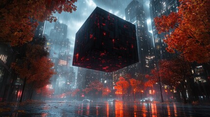 Floating black rock cube on a rainy autumn night city street, showcasing orange light reflections, colorful trees, and cinematic lighting.