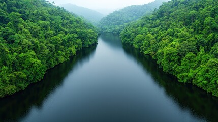 Serene River Through Lush Rainforest Canopy