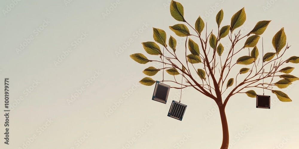 Aufkleber minimalist graph of tree with leaves and hanging microchips, modern futuristic concept