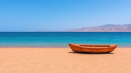 Naklejka premium Wooden Rowboat on Sandy Beach with Clear Blue Water and Distant Mountains