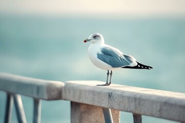A migratory seagull perches on the concrete railing of a bridge by the sea with a blurred backdrop. Copy space image. Place for adding text and design