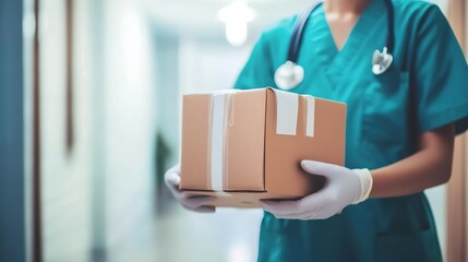 Medical delivery person in uniform holding prescription drug package with medical cross symbol, standing at modern hospital entrance, with copy space for text or design.
