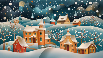 Colorful winter village with snow-covered houses and falling snowflakes at night