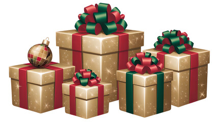 Naklejka premium Golden wrapped Christmas gifts with festive red and green bows