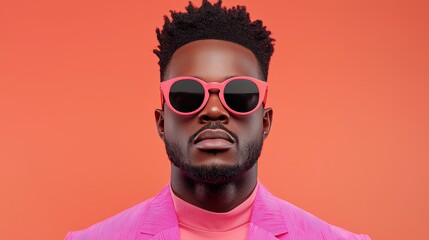 Obraz premium Confident Man in Pink Suit and Sunglasses on Coral Background