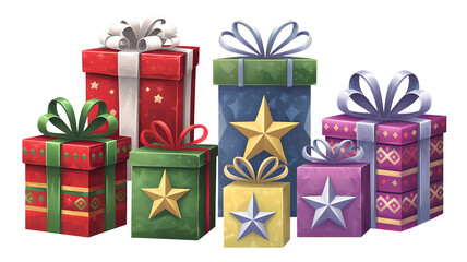 Colorful Christmas gift boxes with star patterns. For playful holiday illustrations, web banners, festive textiles. Bright and cheerful colors bring out the Christmas spirit