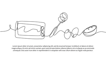 Continuous line design of cake making equipment. Single line decorative element drawn on white.