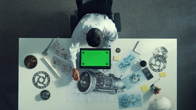 Top view of skilled engineer writing in paper while looking at tablet display green screen with turbine engine sketch design and metal gear and architectural equipment scatter around. Alimentation.