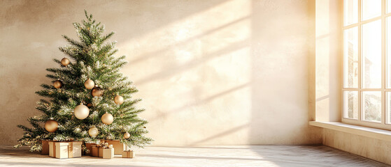 beautifully decorated Christmas tree stands in sunlit room, surrounded by neatly wrapped gifts. warm light creates cozy atmosphere, perfect for holiday season