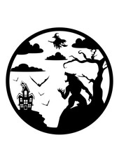Halloween | Graveyard | Werewolf | Flying Witch | Mythical Creature | Haunted House | Wolf Man | Wild Creature | Original Illustration | Vector and Clipart | Cutfile and Stencil