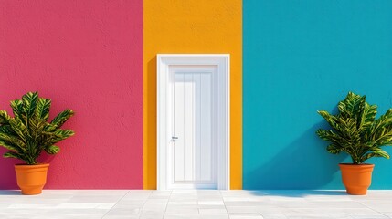 Fototapeta premium Colorful Wall With White Door and Plants for Minimalist Design and Home Decor