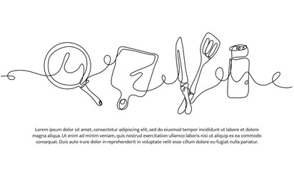 Continuous line design of kitchen appliances. Single line decorative element drawn on white.