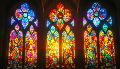 A vibrant stained glass design with intricate patterns and rich colors, resembling classic church or cathedral windows
