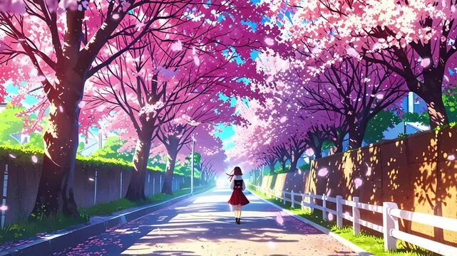 Lofi girl in a red dress walks along a picturesque cherry blossom street, surrounded by vibrant pink blooms and sunlight filtering through the trees seamless loop animation created with generative ai