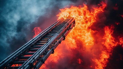 Firefighters responding to a large blaze with a ladder truck reaching into flames during a nighttime emergency operation