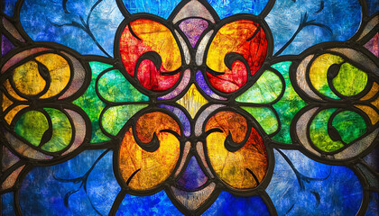 A vibrant stained glass design with intricate patterns and rich colors, resembling classic church or cathedral windows
