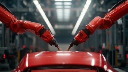 Two robotic arms assembling a red car in a modern manufacturing facility.