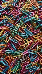 A colorful assortment of paperclips scattered on a surface showcasing vibrant colors and different shapes in detail. Generative AI