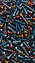 Collection of various screws and bolts in multiple colors stacked densely on a flat surface. Generative AI