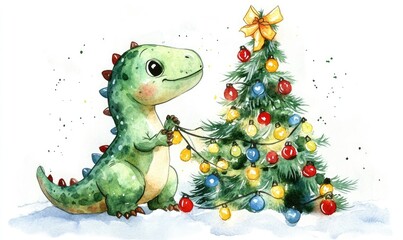 Obraz premium Cute Watercolor Dinosaur with Christmas Tree Decorations