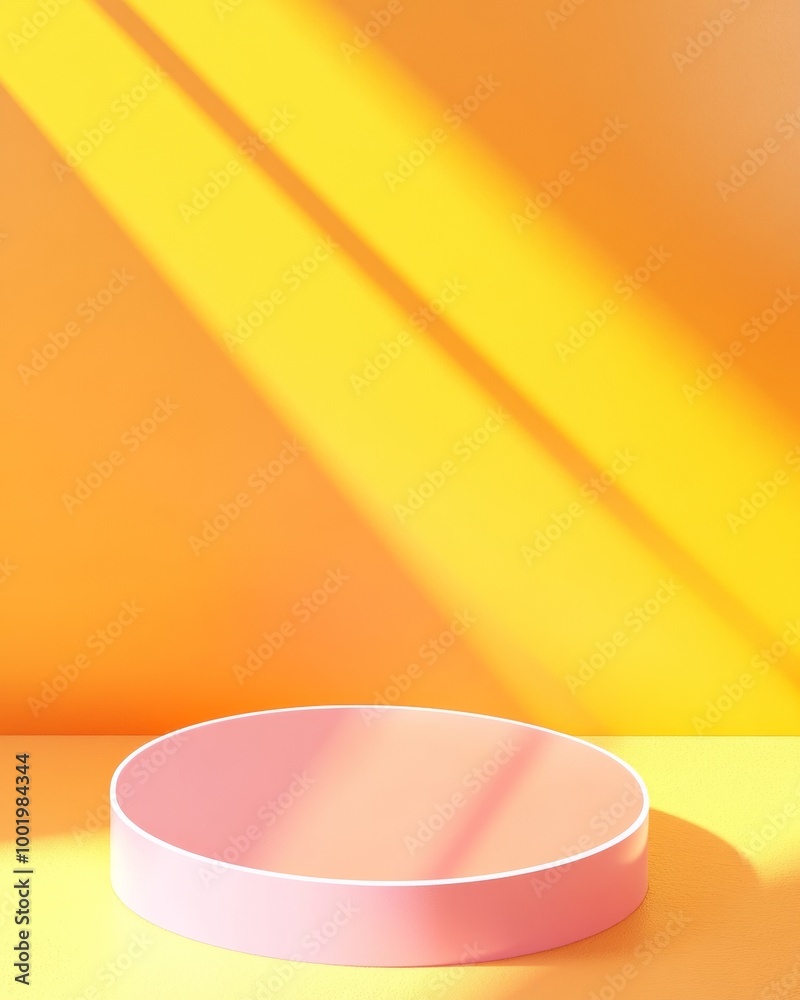 Poster minimalist pink reflective podium on vibrant yellow gradient background with dynamic neon light beam