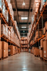 Fototapeta premium A spacious warehouse aisle filled with stacked boxes and pallets.