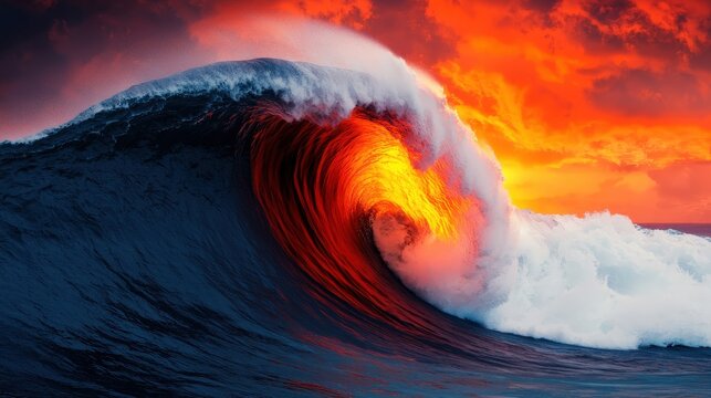 Dramatic Ocean Wave Crashing at Sunset  Fiery Sky  Water Power  Nature Photography