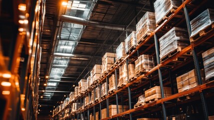 Fototapeta premium A view of a large warehouse with high shelves stacked with cardboard boxes.