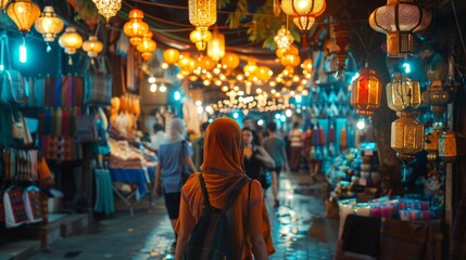 Obraz premium A traveler walking through a vibrant street market with colorful stalls and vendors with