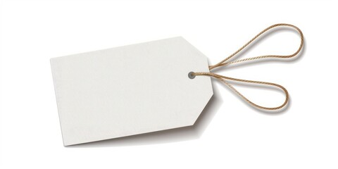 White blank paper tag with gold string attached, isolated on a white background. Product label mockup photography.