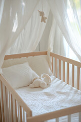 A serene baby nursery featuring a cozy crib adorned with soft linens and a plush teddy bear, perfect for peaceful sleep.