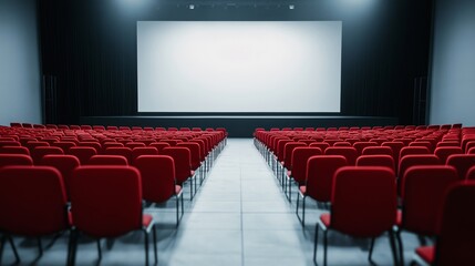 Empty Cinema with Red Seats and Blank Screen