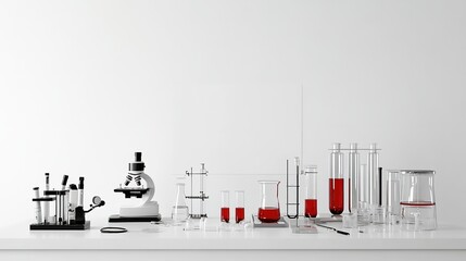 Fototapeta premium Glowing red warning sign with cancer cell illustration on white surface, surrounded by medical equipment and lab instruments, emphasizing health and safety awareness in scientific research environment